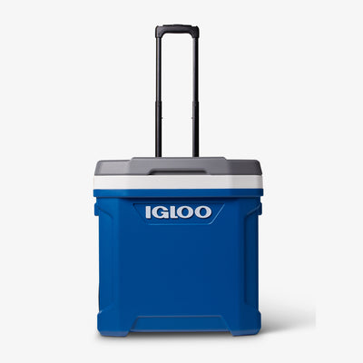 Front View | Latitude 60 Qt Roller Cooler::Blue::Locking/telescoping handle 